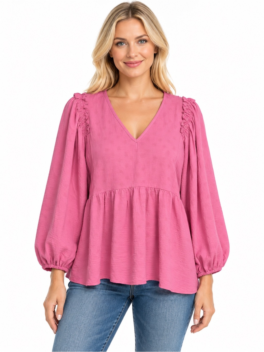 Entro NWT Size Large V-Neck Peplum Blouson Sleeve Top - Pink